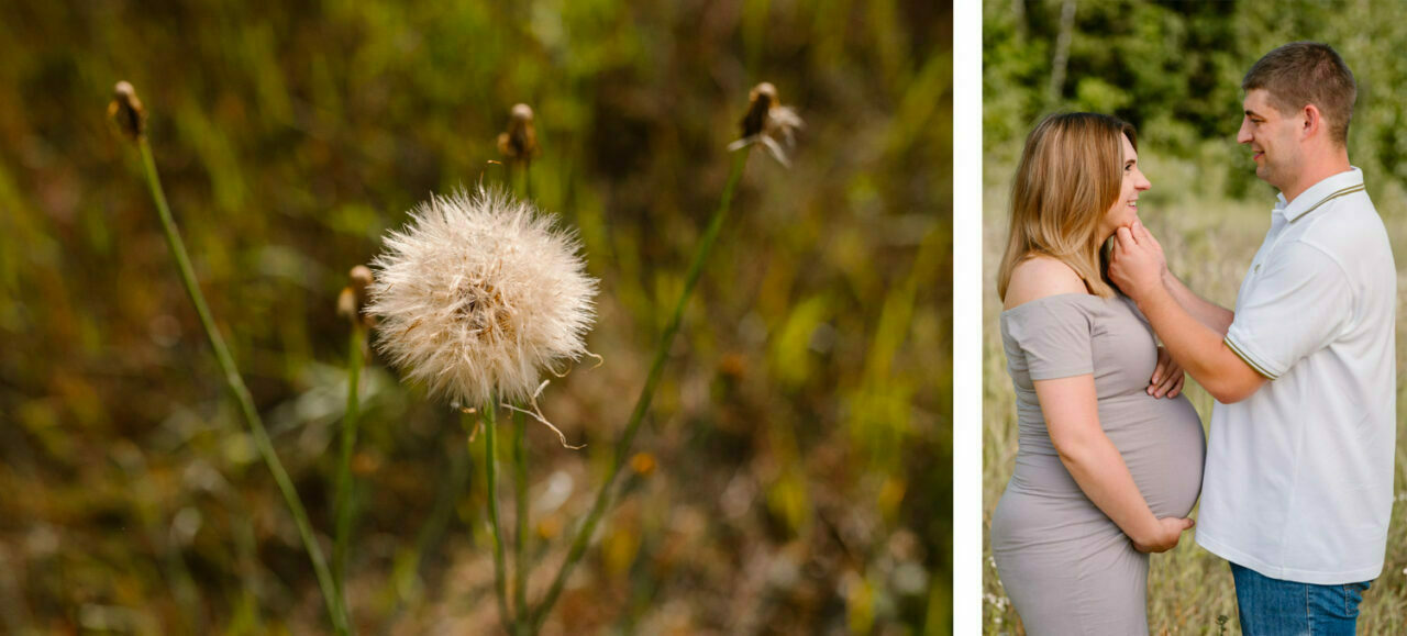 portret młodej mamy z brzuszkiem i mężem oraz polne kwiaty