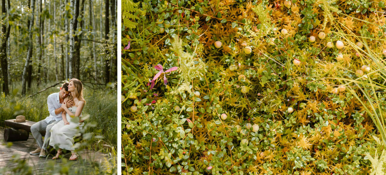 sesja w lesie - para zakochanych i żurawina