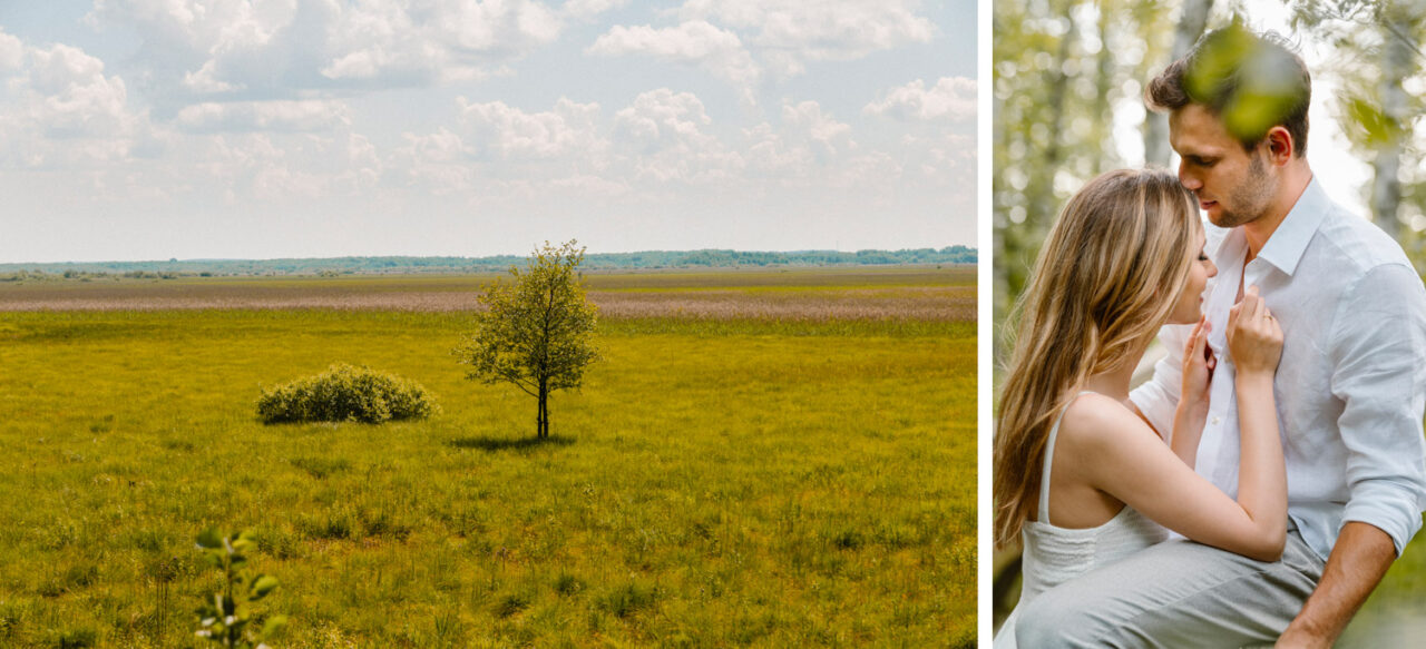 sesja w lesie - zakochana para i krajobraz bagna