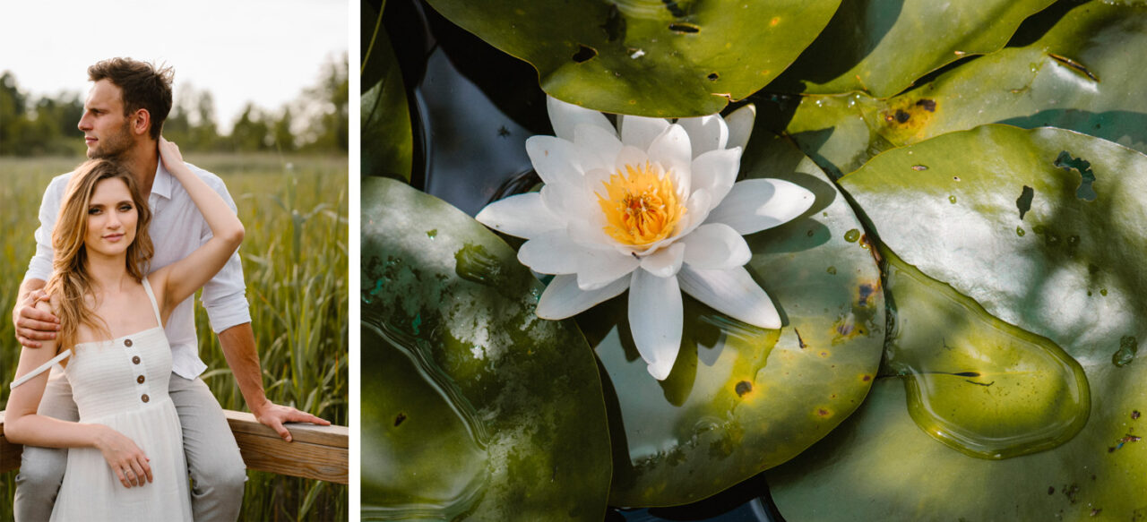 narzeczeni na tle zarośli oraz lilia wodna