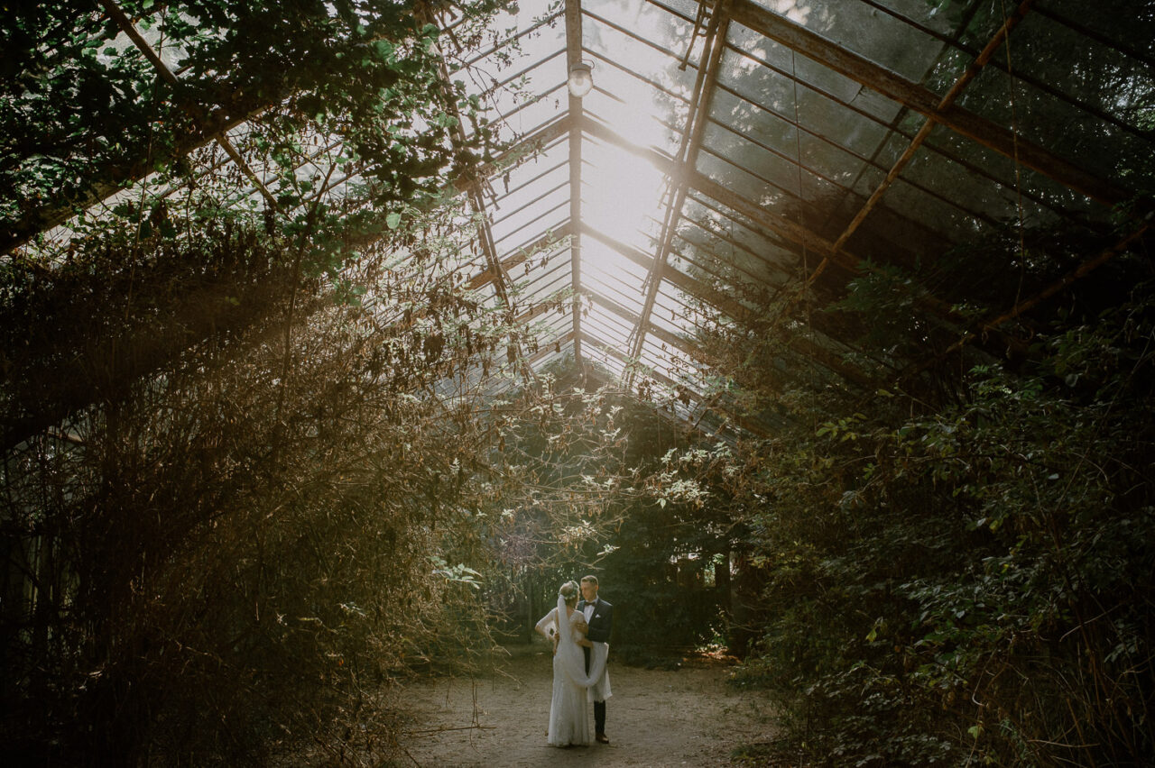 para młoda przytula sięw promieniach słońca w opuszczonej szklarni