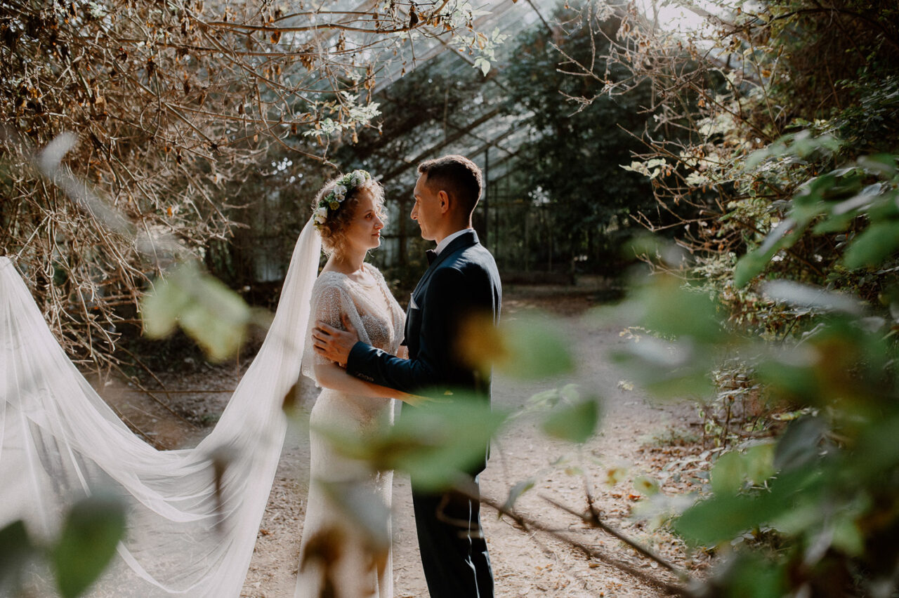 sesja w szklarni - para młoda wśród zieleni